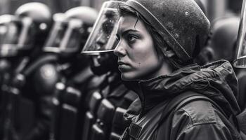 ai generado un joven mujer en un militar uniforme mirando a el cámara generado por ai foto