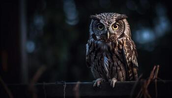 AI generated Majestic owl perched on branch, staring with wisdom and mystery generated by AI photo