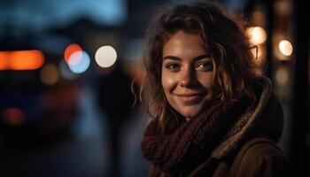 AI generated Smiling young woman, outdoors at night, looking at camera generated by AI photo