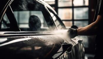 AI generated A man washing car, reflecting city lights, working outdoors generated by AI photo