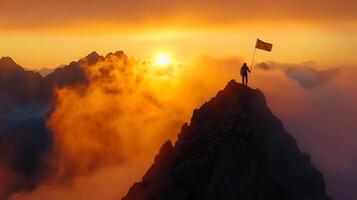 ai generado triunfo a puesta de sol silueta figura conquista escabroso pico encarnando fuerza Resiliencia y determinación foto