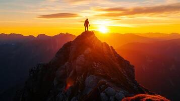 ai generado triunfante figura conquista escabroso montaña pico a puesta de sol señalización victoria terminado adversidad foto