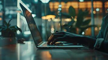 AI generated Modern Work Environment Captured in CloseUp with Sleek Laptop and Stylish Workspace Background photo