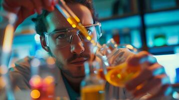 AI generated Scientist Conducts Experiment with Colorful Chemicals in Laboratory photo