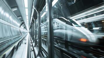 ai generado pulcro plata bala tren velocidades mediante futurista estación en de cerca foto