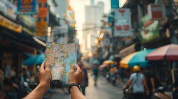 AI generated Traveler Embraces Vibrant Energy of New Destination Holding Map on Bustling City Street photo