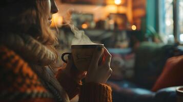 AI generated Cozy Coffee Shop Moment Womans Hand Holds Steaming Cup 50mm Lens Captures Intimate Focus photo