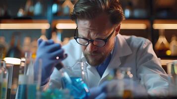 AI generated Scientist in Lab Conducts Precise Experiment with Beaker and Glassware Captured in CloseUp photo