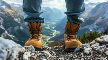 ai generado excursionismo botas estar en rocoso sendero con vista a asombroso Valle foto