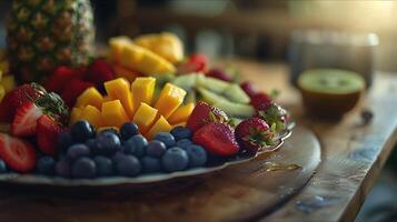 ai generado vibrante Fruta plato capturado en de cerca con suave atención rústico cocina antecedentes foto