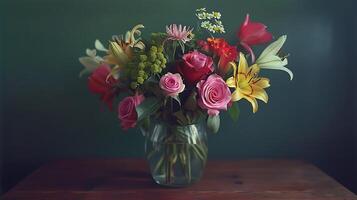 ai generado vibrante ramo de flores en rústico florero en contra suave antecedentes un de cerca floral composición foto