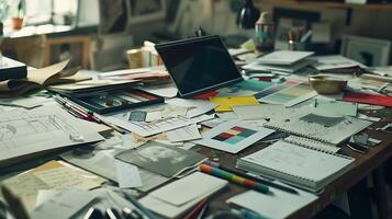 AI generated Designers Desk A CloseUp View of Creative Chaos with Graphic Resources Shot in 50mm Focus photo