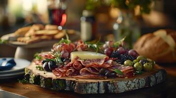 AI generated Vibrant Plated Delight Grilled Meats Colorful Vegetables and Fresh Herbs on Rustic Wooden Table photo