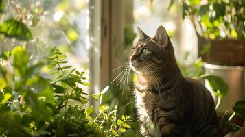 ai generado curioso atigrado gato disfruta verdor fondo bañado en suave natural ligero foto