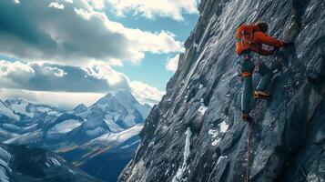 AI generated Resilient Climber Battles Elements on Sheer Cliff Embracing Hope and Determination photo