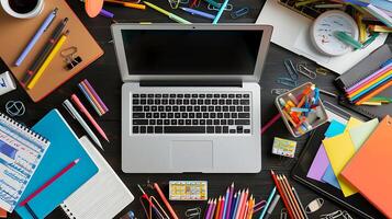 AI generated Productive Workspace Open Laptop Surrounded by Notepads Pens and Pencils Medium Closeup with Focused Laptop Screen photo