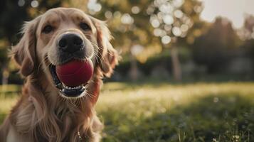 AI generated Friendly Golden Retriever Plays Fetch in Vibrant Green Park Under Blue Sky photo