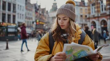AI generated Puzzled Young Woman at Train Station Map in Hand Train Arriving photo