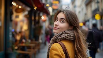 AI generated Young Woman Smiles with Wireless Headphones and Modern Smartphone in CloseUp Portrait photo