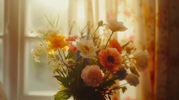 AI generated Vibrant Mixed Flower Bouquet in Soft Natural Light captured with Macro Lens photo