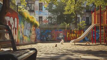 AI generated Whimsical Bunny and Curious Squirrel Explore Colorful Urban Playground Amidst Graffiti and Blooming Flowers photo