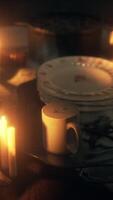 Table setting in candlelight at night video