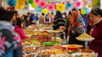 AI generated Celebrating Unity and Diversity Joyful Gathering in a Multicultural Room Filled with Laughter Music and Festive Decor photo