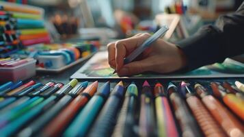 AI generated Designers Hands Selecting Colorful Markers from Neatly Organized Desk Amid Graphic Resources photo