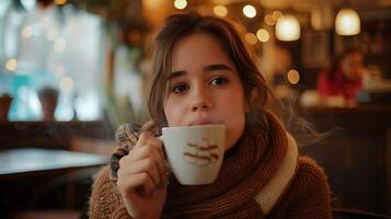 ai generado elegante mujer sorbos café en acogedor café ambiente capturado en de cerca foto