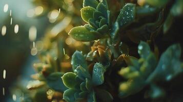 AI generated Vibrant Succulent with Delicate Water Droplets in Closeup Against Blurred Background photo