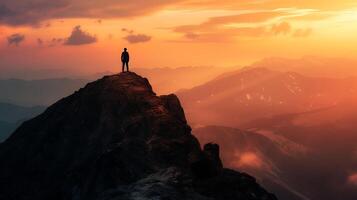 ai generado triunfante figura conquista montaña pico a puesta de sol abrazando inquebrantable determinación en medio de el vastedad foto