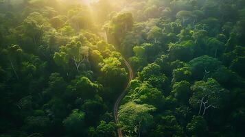 ai generado iluminado por el sol bosque vibrante verde follaje y devanado camino dentro el distancia foto