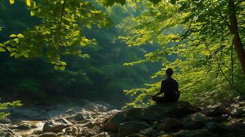 AI generated Solitary Figure Embraces Tranquility in Nature Bathed in Dappled Sunlight and Surrounded by Serene Forest Ambiance photo