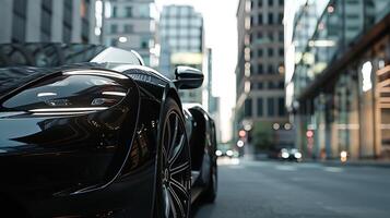 ai generado frente ver de pulcro negro Deportes coche estacionado en urbano ajuste con ciudad horizonte foto