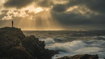 ai generado elástico figura confronta Tormentoso mar abrazando esperanza en medio de oscuro nubes foto