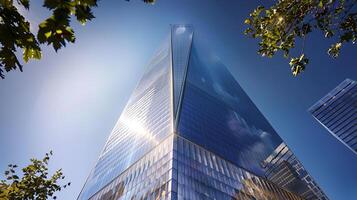 AI generated Modern Skyscraper Soars to Clear Blue Sky Reflecting Cityscape Telephoto Shot Captures Sleek Glass Facade photo