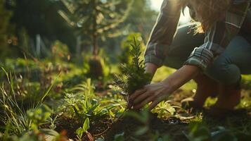 AI generated Woman Cultivates Growth in Lush Forest Under Soft Natural Light photo