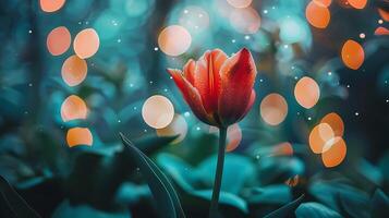 AI generated Vibrant Red Tulip Stands Against Soft Green Background with Bokeh Lights photo