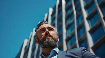 AI generated Confident Businessman Stands Tall Against Modern Office Building Framed by Clear Blue Sky photo