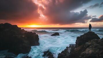 ai generado elástico figura abrazando el ardiente puesta de sol en rocoso acantilado confrontando retos con determinación foto