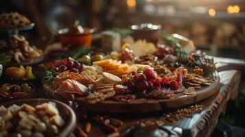 AI generated Assorted Meats Cheeses Fruits and Nuts Displayed on Rustic Table Under Soft Natural Light photo