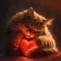 AI generated Adorable tabby cat cuddling a Valentine's heart, Ai Generated. photo