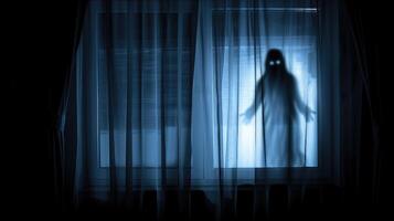 ai generado borroso fantasma silueta en dormitorio ventana a noche, ajuste un escalofriante Víspera de Todos los Santos escena, ai generado foto