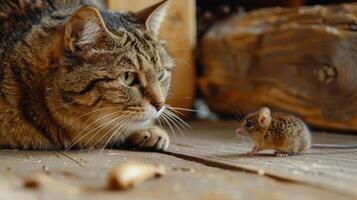 ai generado juguetón gato se involucra con minúsculo jerbo ratón en mesa. ai generado. foto