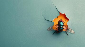 AI generated A humorous fly peers through a ripped hole in a contrast pastel color paper background, Ai Generated photo