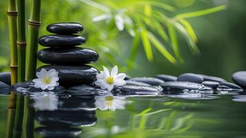 AI generated Zen stones form a serene pyramid on water, a symbol of balance and tranquility in nature's embrace. Ai Generated photo