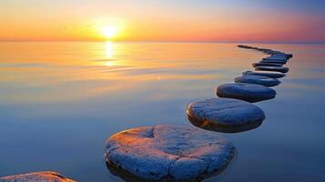 ai generado seguir el zen camino de piedras en un pantalla ancha atardecer, un tranquilo viaje dentro el calmante abrazo de naturaleza. ai generado. foto