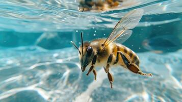 AI generated Hilarious underwater scene bee in pool plays deep dive action, Ai Generated. photo