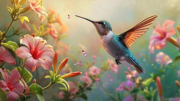 ai generado agraciado colibrí bailes en medio de primavera flores, un vibrante monitor de de la naturaleza belleza. ai generado. foto