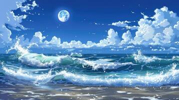 AI generated Anime waves crash on the ocean under a moonlit sky, creating a mesmerizing scene. Ai Generated. photo
